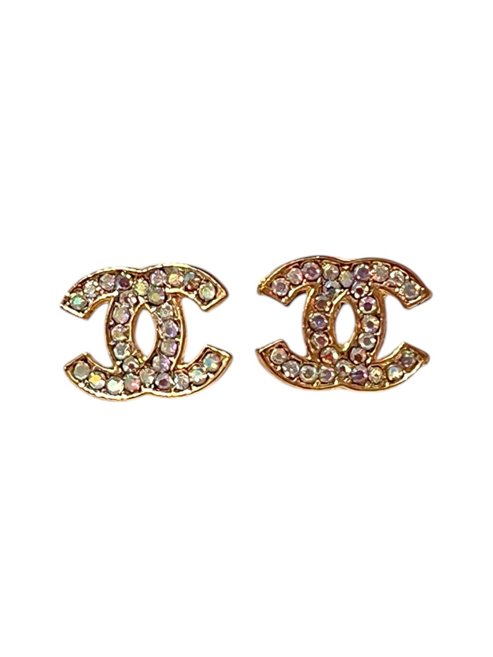 Designer Inspired Small Gold-Tone Iridescent Crystal Logo Stud Earrings - Picture 1 of 3